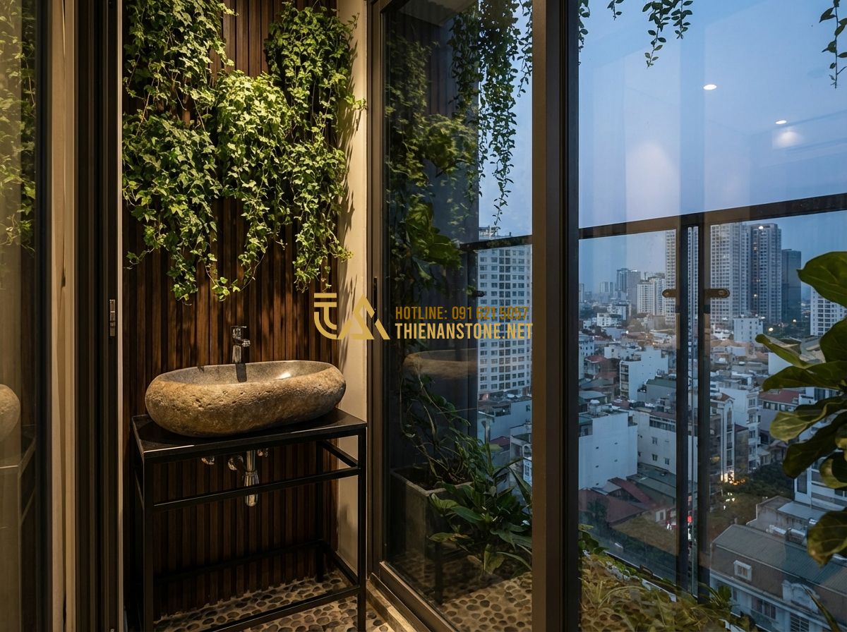 Lavabo Đá Ngoài Trời & Lavabo Đá Tự Nhiên Cho Khu Vườn, Ban Công Đẹp Nhất - A modern apartment balcony oasis featuring a compact natural stone sink position