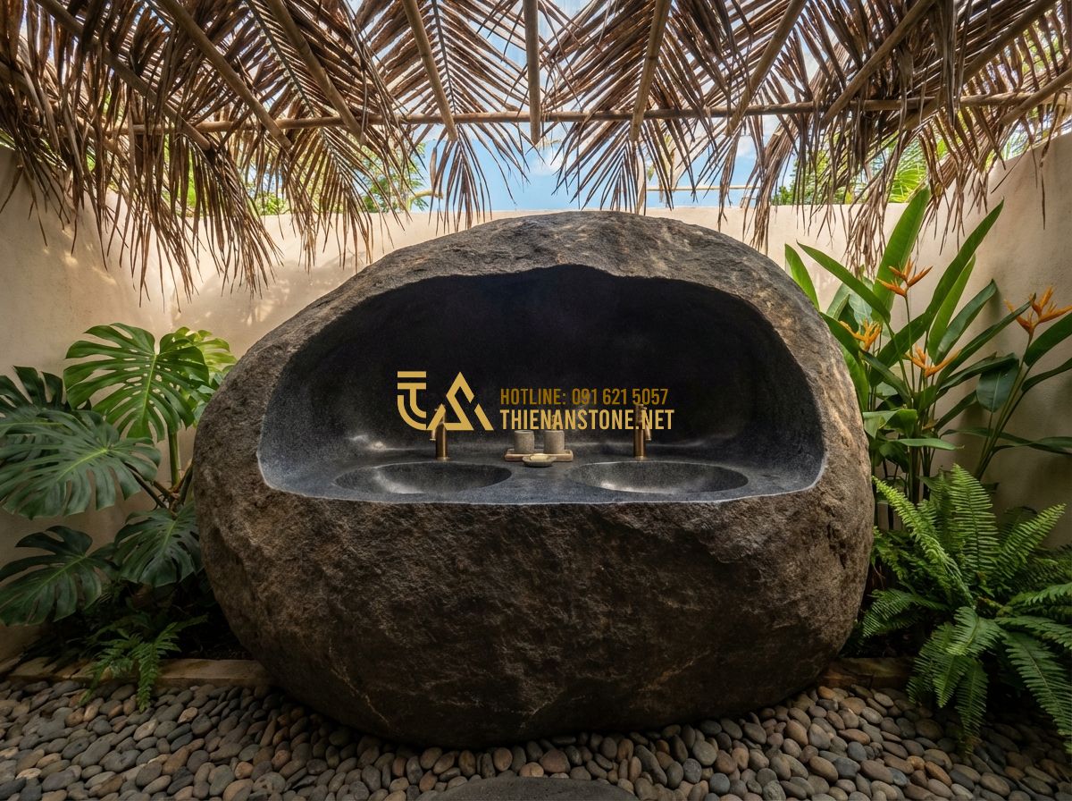 Lavabo Đá Ngoài Trời & Lavabo Đá Tự Nhiên Cho Khu Vườn, Ban Công Đẹp Nhất - A cinematic view of an outdoor bathroom in a tropical resort style. A massive, h