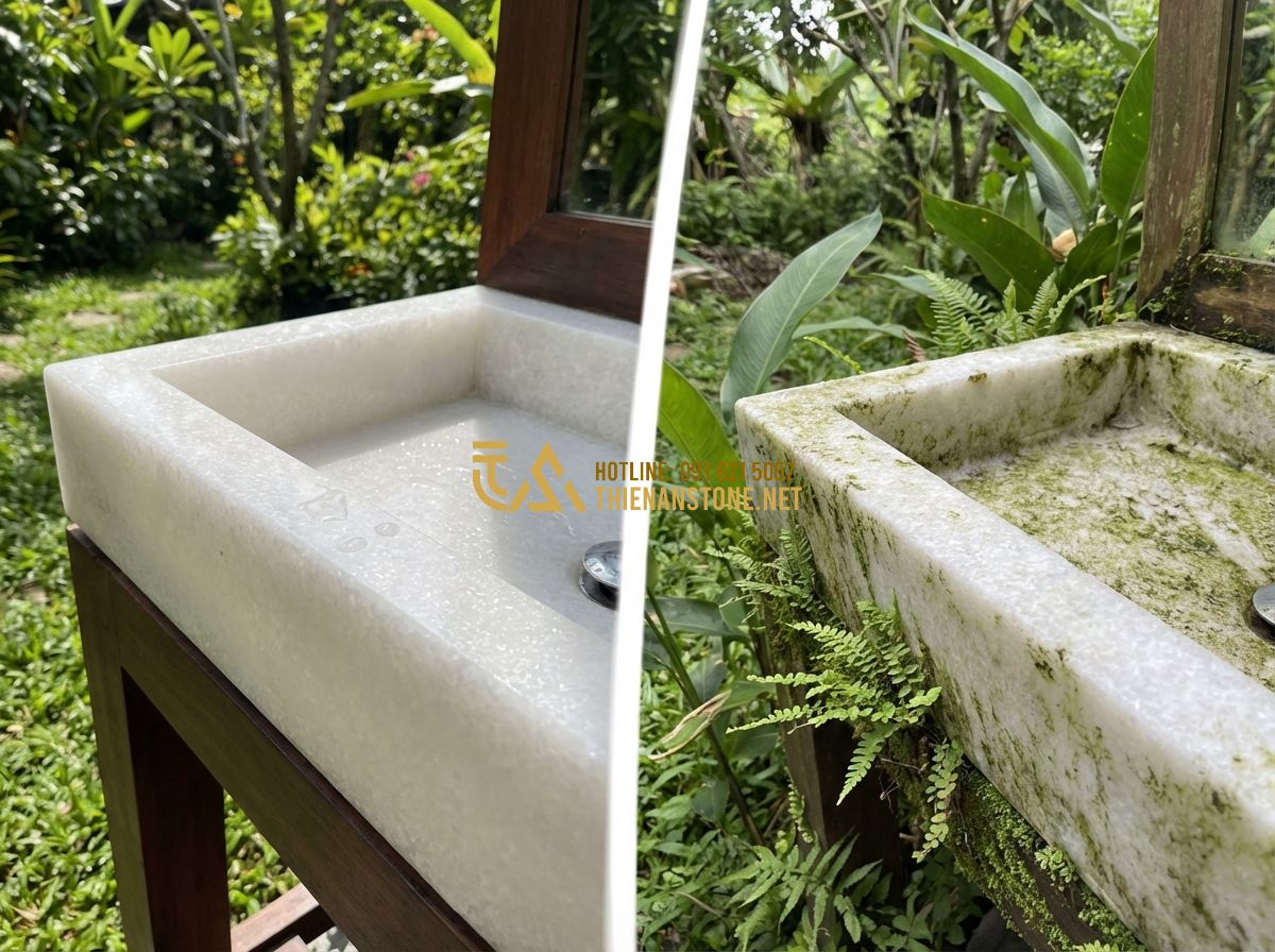 Lavabo Đá Ngoài Trời & Lavabo Đá Tự Nhiên Cho Khu Vườn, Ban Công Đẹp Nhất - A split-screen style image showing the longevity of a stone sink. On the left, a