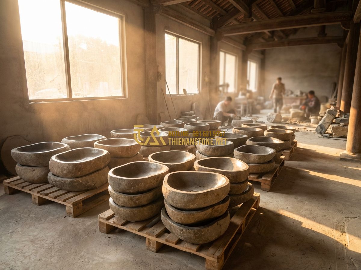 Lavabo Đá Ngoài Trời & Lavabo Đá Tự Nhiên Cho Khu Vườn, Ban Công Đẹp Nhất - A wide-angle interior shot of the Thien An Stone workshop. High-quality natural