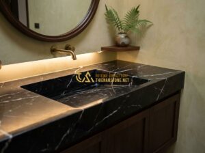 Lavabo Đá Tự Nhiên Âm Bàn Đá Hay Đặt Bàn Đá: Loại Nào Phù Hợp Với Không Gian Của Bạn? - Tạo ảnh tiếng Anh: A high-end luxury bathroom featuring a seamless natural stone