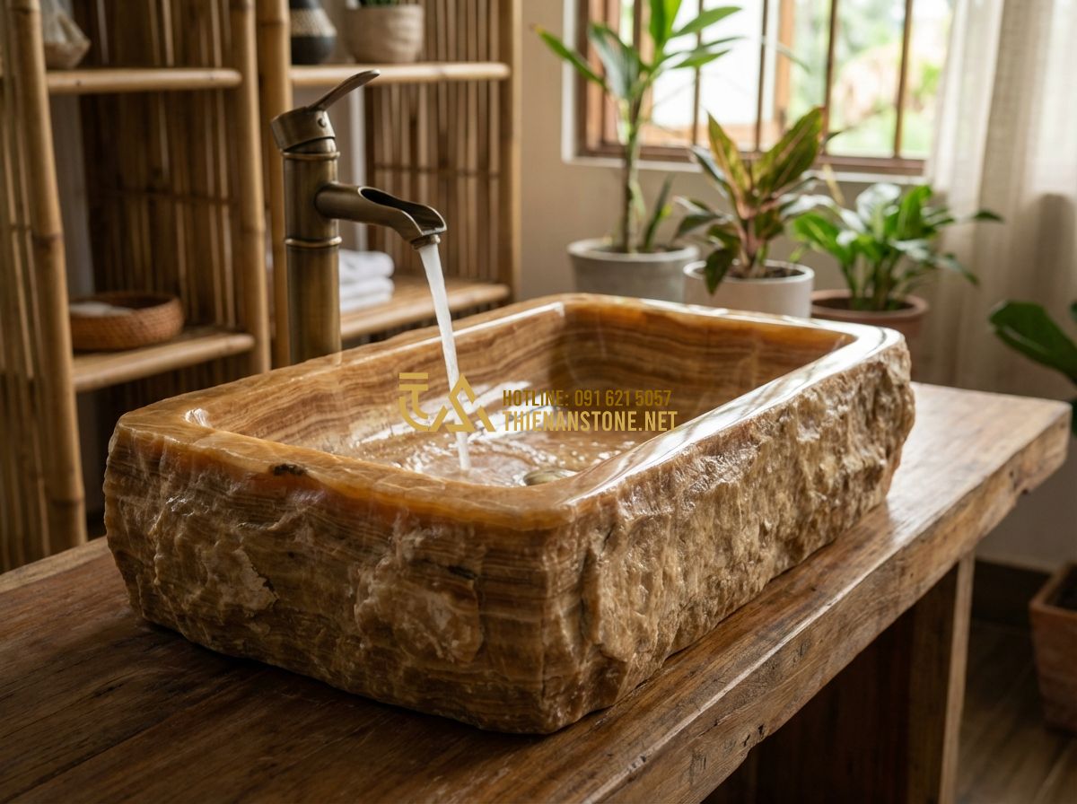 Lavabo Đá Tự Nhiên Âm Bàn Đá Hay Đặt Bàn Đá: Loại Nào Phù Hợp Với Không Gian Của Bạn? - Tạo ảnh tiếng Anh: An artistic above-counter vessel sink made of raw natural riv