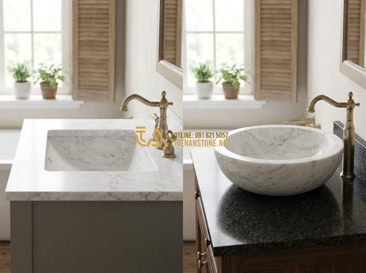 Lavabo Đá Tự Nhiên Âm Bàn Đá Hay Đặt Bàn Đá: Loại Nào Phù Hợp Với Không Gian Của Bạn? - Tạo ảnh tiếng Anh: A side-by-side comparison diagram of an undermount stone sink