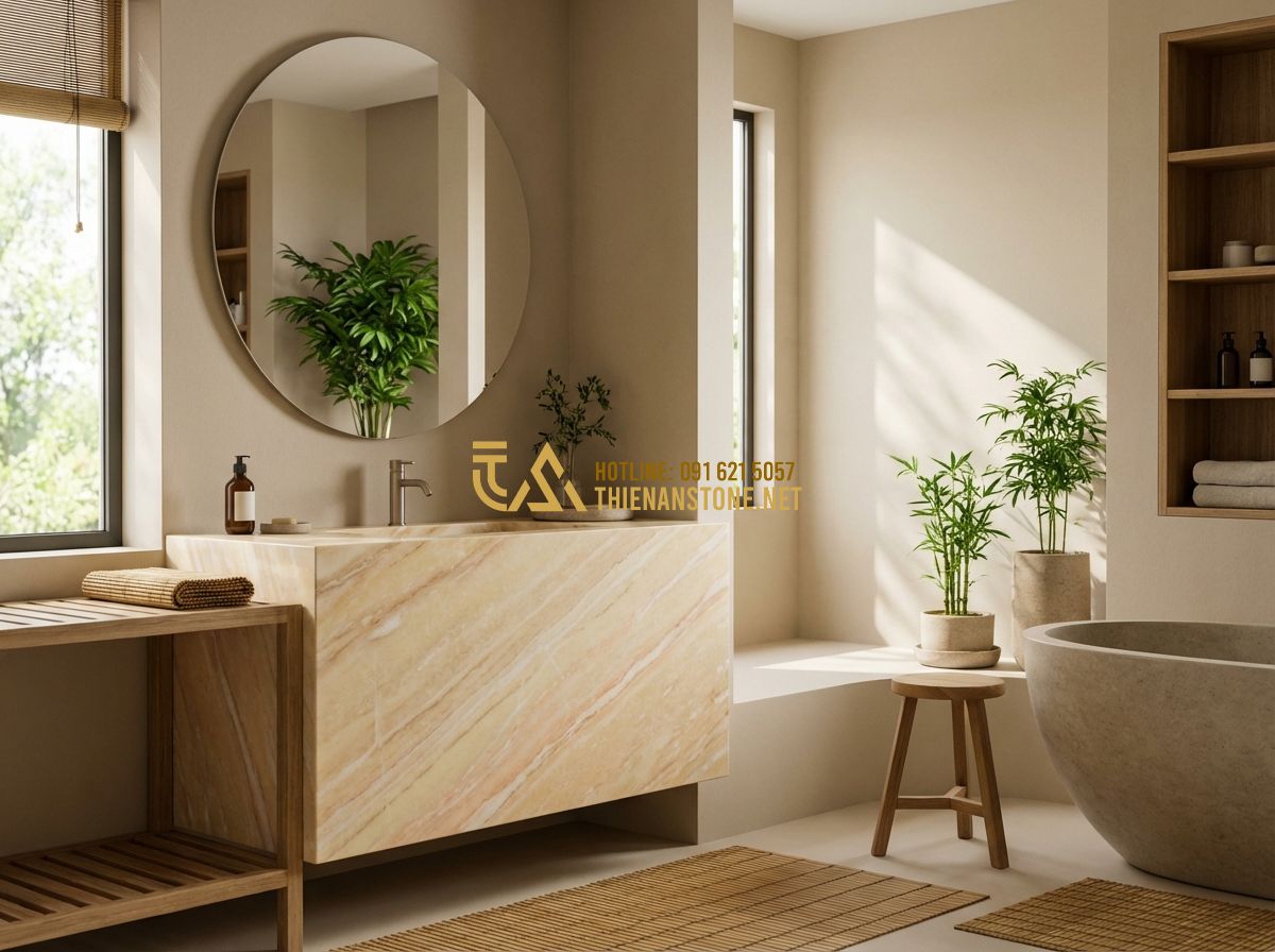 Lavabo Đá Tự Nhiên Âm Bàn Đá Hay Đặt Bàn Đá: Loại Nào Phù Hợp Với Không Gian Của Bạn? - Tạo ảnh tiếng Anh: A balanced bathroom interior designed according to Feng Shui