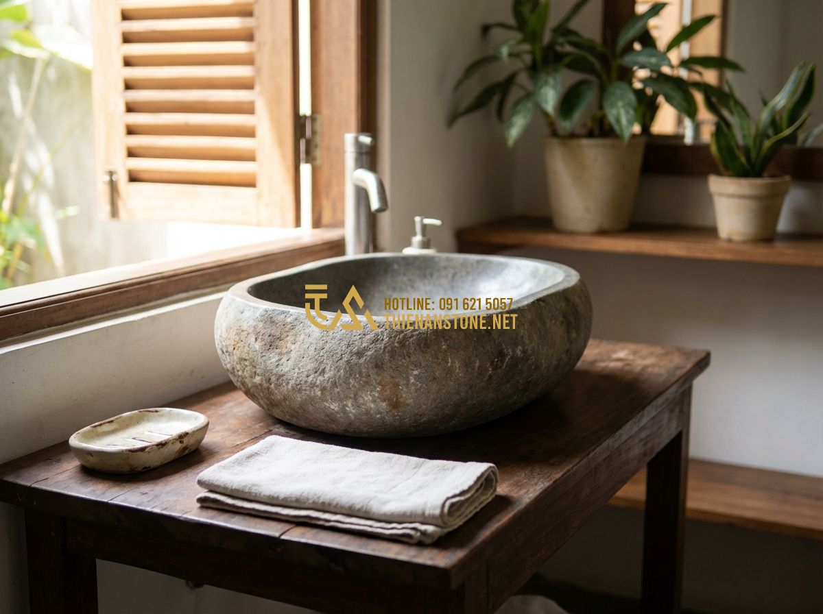 Lavabo Đá Tự Nhiên Âm Bàn Đá Hay Đặt Bàn Đá: Loại Nào Phù Hợp Với Không Gian Của Bạn? - Tạo ảnh tiếng Anh: A heartwarming scene of an elderly woman touching a natural s