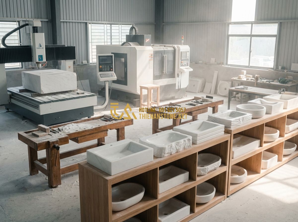 Lavabo Đá Tự Nhiên Âm Bàn Đá Hay Đặt Bàn Đá: Loại Nào Phù Hợp Với Không Gian Của Bạn? - Tạo ảnh tiếng Anh: A wide shot of the Thien An Stone workshop. Modern CNC machin