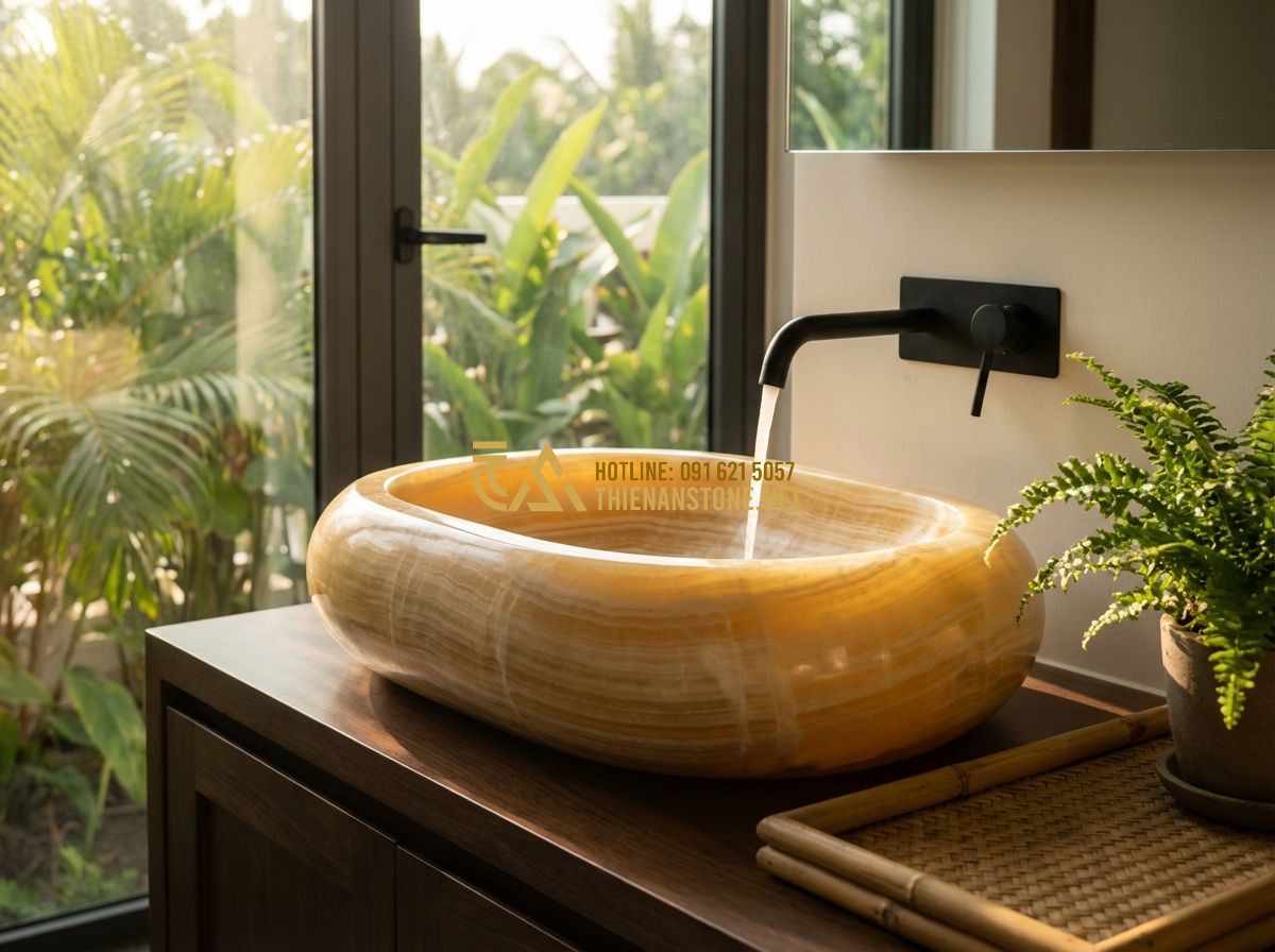 Lavabo Đá Tự Nhiên Đẹp Cao Cấp: Top Mẫu Hot Nhất 2024 & Bảng Giá Chi Tiết - Tạo ảnh tiếng Anh: A luxurious bathroom interior with a focus on a natural stone