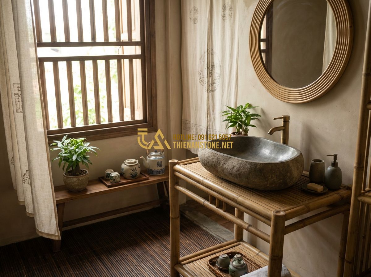 Lavabo Đá Tự Nhiên Đẹp Cao Cấp: Top Mẫu Hot Nhất 2024 & Bảng Giá Chi Tiết - Tạo ảnh tiếng Anh: A peaceful bathroom corner designed with feng shui principles