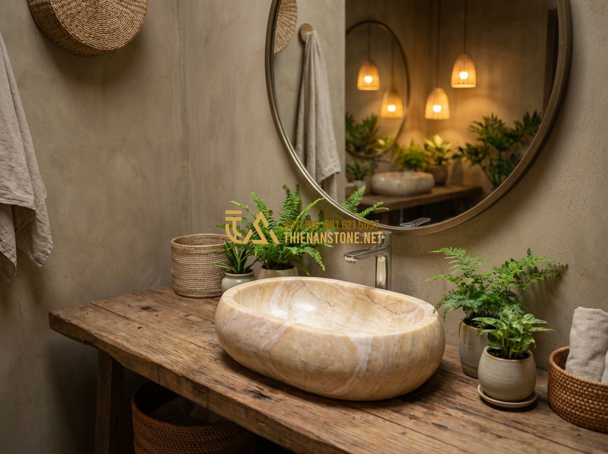Lavabo Đá Tự Nhiên Đẹp Cao Cấp: Top Mẫu Hot Nhất 2024 & Bảng Giá Chi Tiết - Tạo ảnh tiếng Anh: A modern bathroom interior featuring a stone sink on a rustic