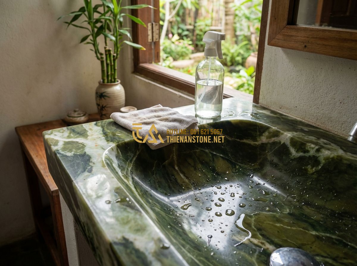 Lavabo Đá Tự Nhiên Đẹp Cao Cấp: Top Mẫu Hot Nhất 2024 & Bảng Giá Chi Tiết - Tạo ảnh tiếng Anh: A person cleaning a stone sink with a soft cloth and gentle n
