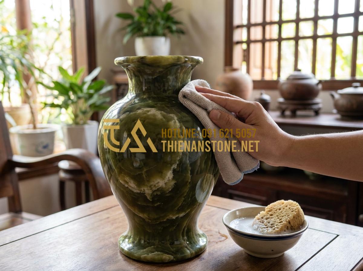 Lọ Hoa Đá Cẩm Thạch Cao Cấp: Sự Kết Hợp Hoàn Hảo Giữa Nghệ Thuật Và Đẳng Cấp - Hình 15 Lọ Hoa Đá Cẩm Thạch Cao Cấp: Sự Kết Hợp Hoàn Hảo Giữa Nghệ Thuật Và Đẳng Cấp - Person gently cleaning luxury marble flower vase with soft cloth and mild soap s