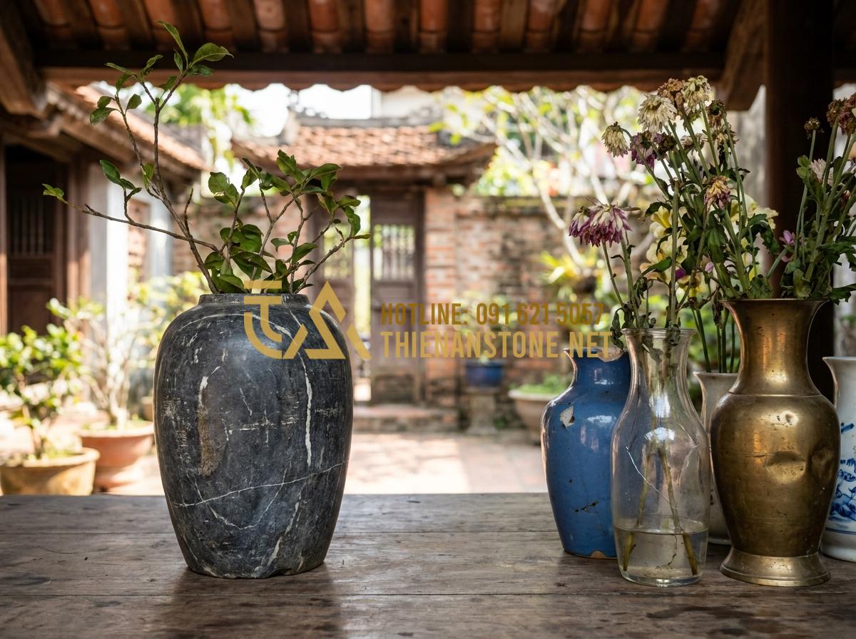 Lọ Hoa Đá Tự Nhiên Là Gì? 5 Lý Do Khiến Bình Hoa Bằng Đá Trở Thành Xu Hướng Decor 2026 - Hình 11 Lọ Hoa Đá Tự Nhiên Là Gì? 5 Lý Do Khiến Bình Hoa Bằng Đá Trở Thành Xu Hướng Decor 2026 - Side by side comparison of stone flower vase versus ceramic glass and metal vase