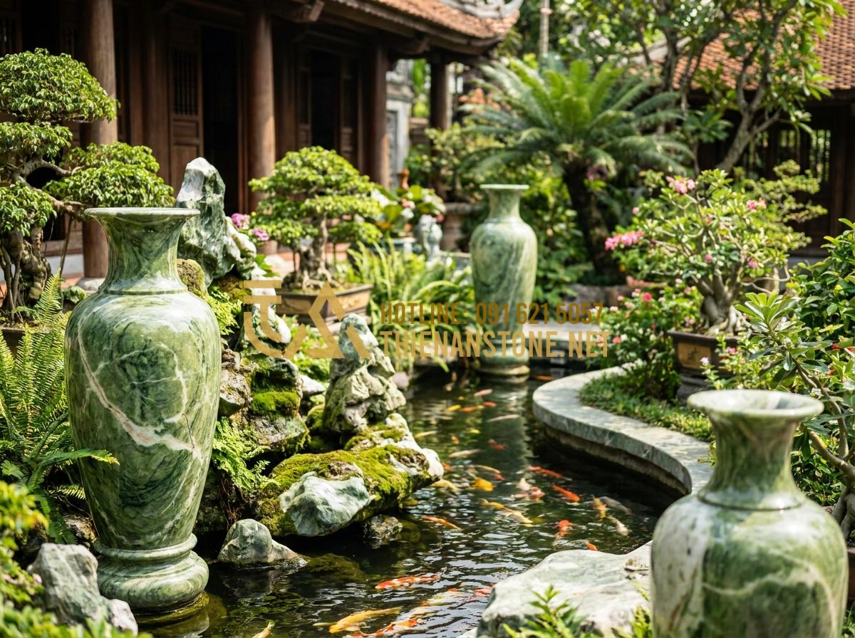 Lọ Hoa Đá Tự Nhiên Là Gì? 5 Lý Do Khiến Bình Hoa Bằng Đá Trở Thành Xu Hướng Decor 2026 - Hình 13 Lọ Hoa Đá Tự Nhiên Là Gì? 5 Lý Do Khiến Bình Hoa Bằng Đá Trở Thành Xu Hướng Decor 2026 - Luxury villa garden with large stone flower vases placed around koi pond and non