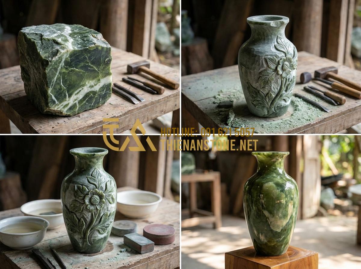 Lọ Hoa Đá Tự Nhiên Là Gì? 5 Lý Do Khiến Bình Hoa Bằng Đá Trở Thành Xu Hướng Decor 2026 - Hình 15 Lọ Hoa Đá Tự Nhiên Là Gì? 5 Lý Do Khiến Bình Hoa Bằng Đá Trở Thành Xu Hướng Decor 2026 - Step by step process of hand carving natural stone flower vase from raw block to