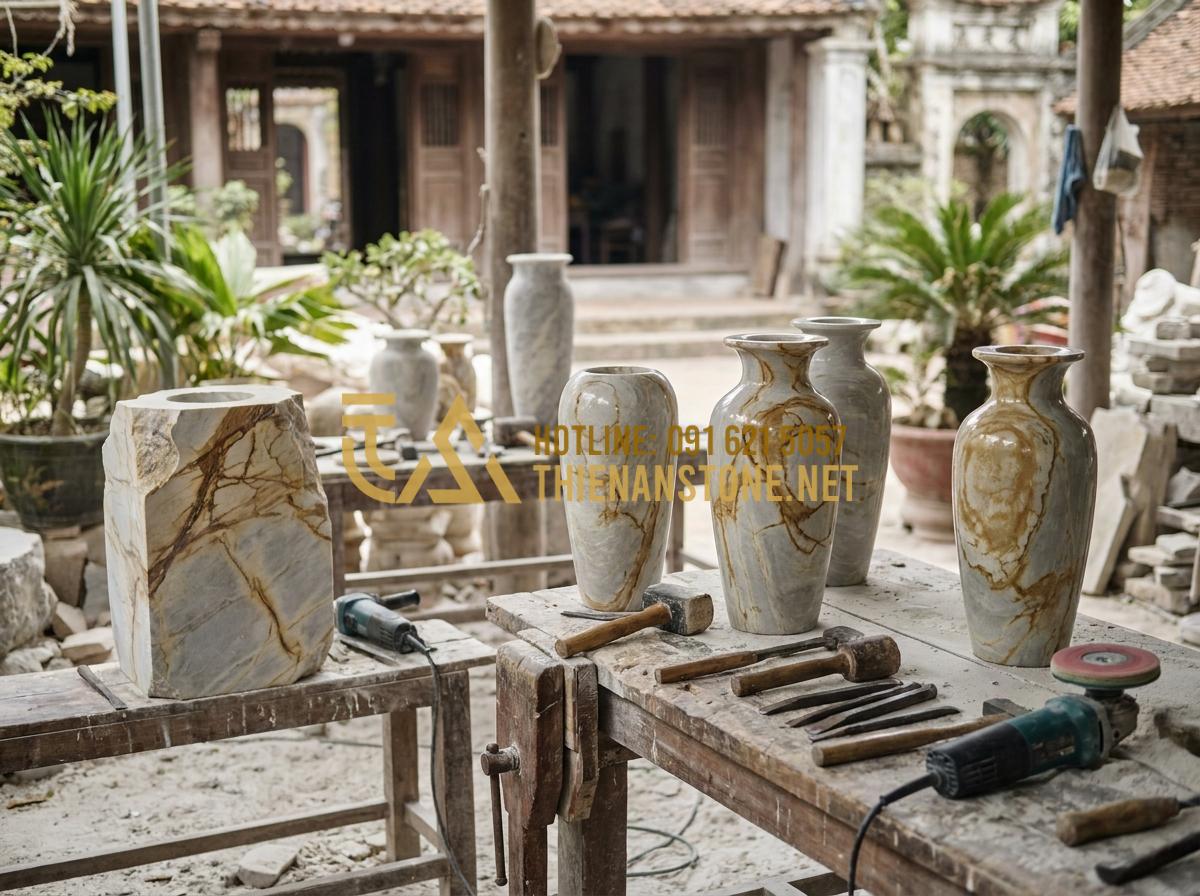Lọ Hoa Đá Tự Nhiên Là Gì? 5 Lý Do Khiến Bình Hoa Bằng Đá Trở Thành Xu Hướng Decor 2026 - Hình 16 Lọ Hoa Đá Tự Nhiên Là Gì? 5 Lý Do Khiến Bình Hoa Bằng Đá Trở Thành Xu Hướng Decor 2026 - Artisan workshop showing craftsmen carving stone flower vases with traditional t