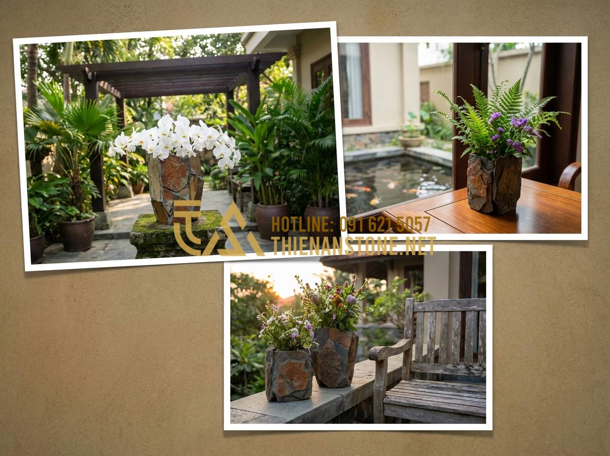 Lọ Hoa Đá Tự Nhiên Là Gì? 5 Lý Do Khiến Bình Hoa Bằng Đá Trở Thành Xu Hướng Decor 2026 - Hình 8 Lọ Hoa Đá Tự Nhiên Là Gì? 5 Lý Do Khiến Bình Hoa Bằng Đá Trở Thành Xu Hướng Decor 2026 - Collage of natural stone flower vases in various luxury home and garden settings