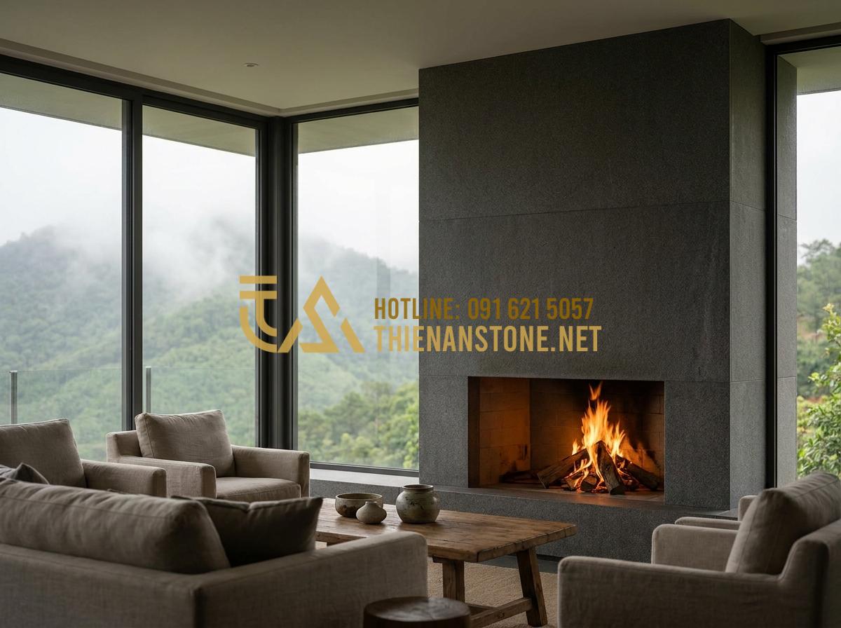 Lò Sưởi Củi Trong Nhà: Giải Pháp Sưởi Ấm Nghệ Thuật & Đẳng Cấp - Hình 1 Lò Sưởi Củi Trong Nhà: Giải Pháp Sưởi Ấm Nghệ Thuật & Đẳng Cấp - Tạo ảnh tiếng Anh: A high-end luxury living room with a grand natural stone fire