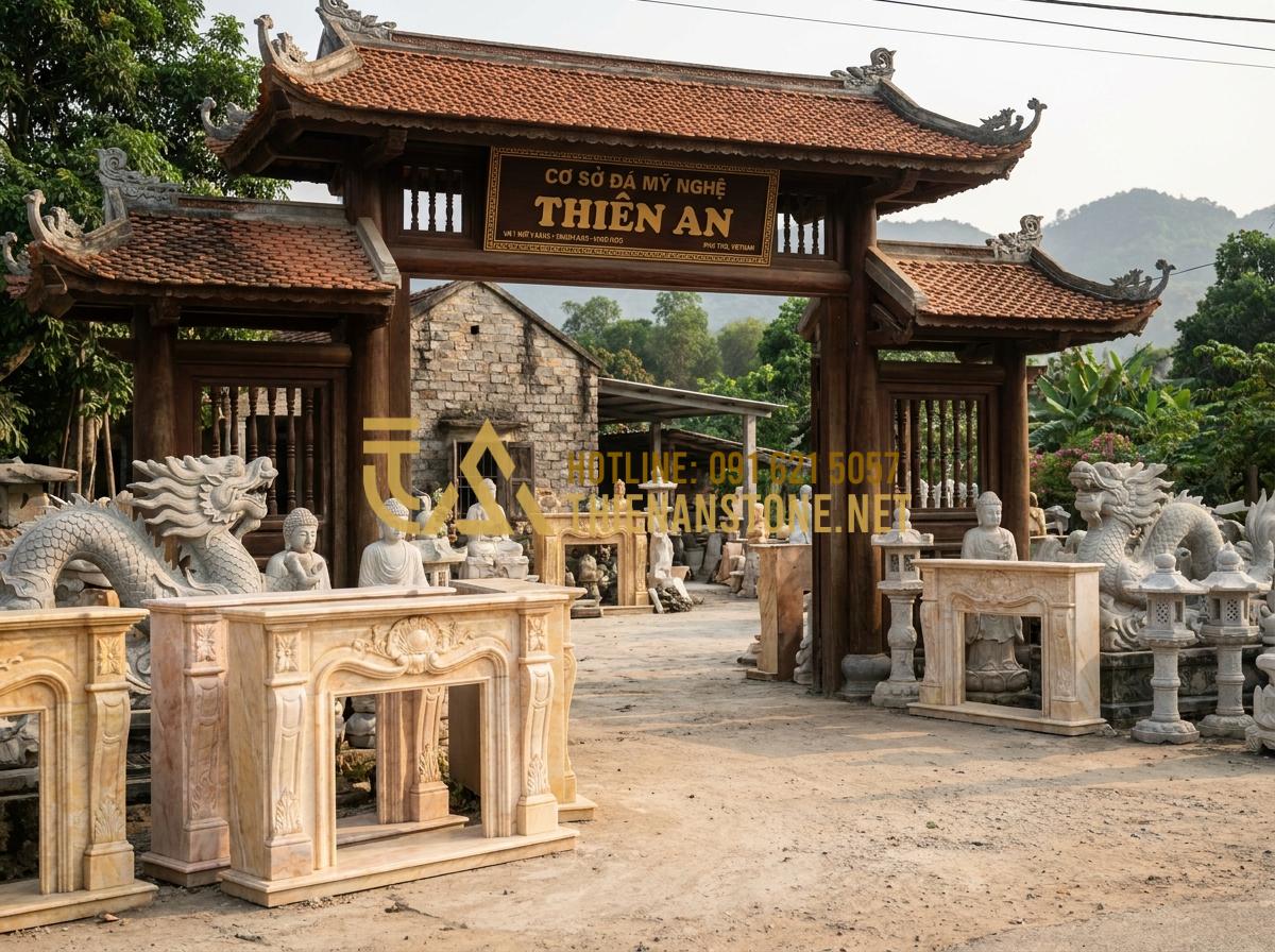 Lò Sưởi Củi Trong Nhà: Giải Pháp Sưởi Ấm Nghệ Thuật & Đẳng Cấp - Hình 10 Lò Sưởi Củi Trong Nhà: Giải Pháp Sưởi Ấm Nghệ Thuật & Đẳng Cấp - Tạo ảnh tiếng Anh: The exterior of Thien An Stone workshop in Phu Tho, Vietnam,