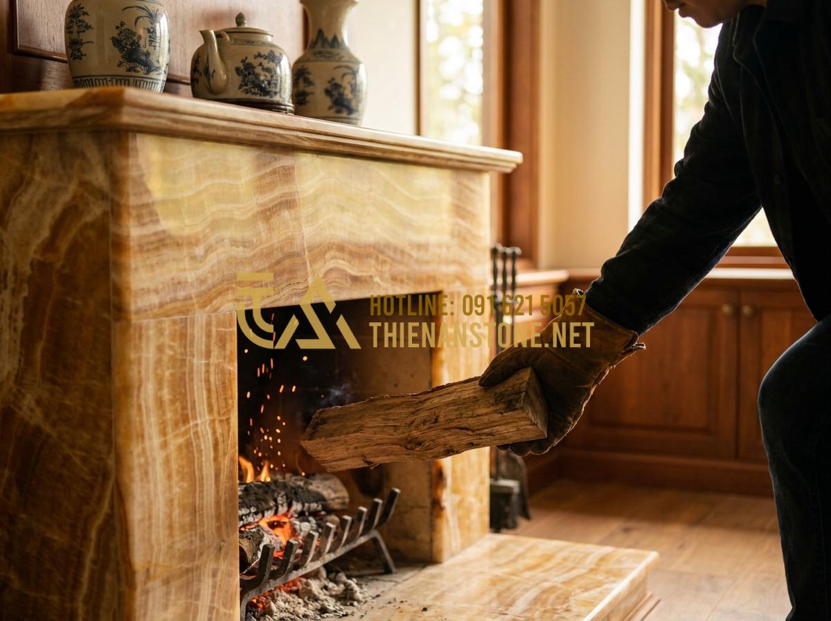 Lò Sưởi Củi Trong Nhà: Giải Pháp Sưởi Ấm Nghệ Thuật & Đẳng Cấp - Hình 2 Lò Sưởi Củi Trong Nhà: Giải Pháp Sưởi Ấm Nghệ Thuật & Đẳng Cấp - Tạo ảnh tiếng Anh: Close-up of a hand placing a high-quality oak wood log into a
