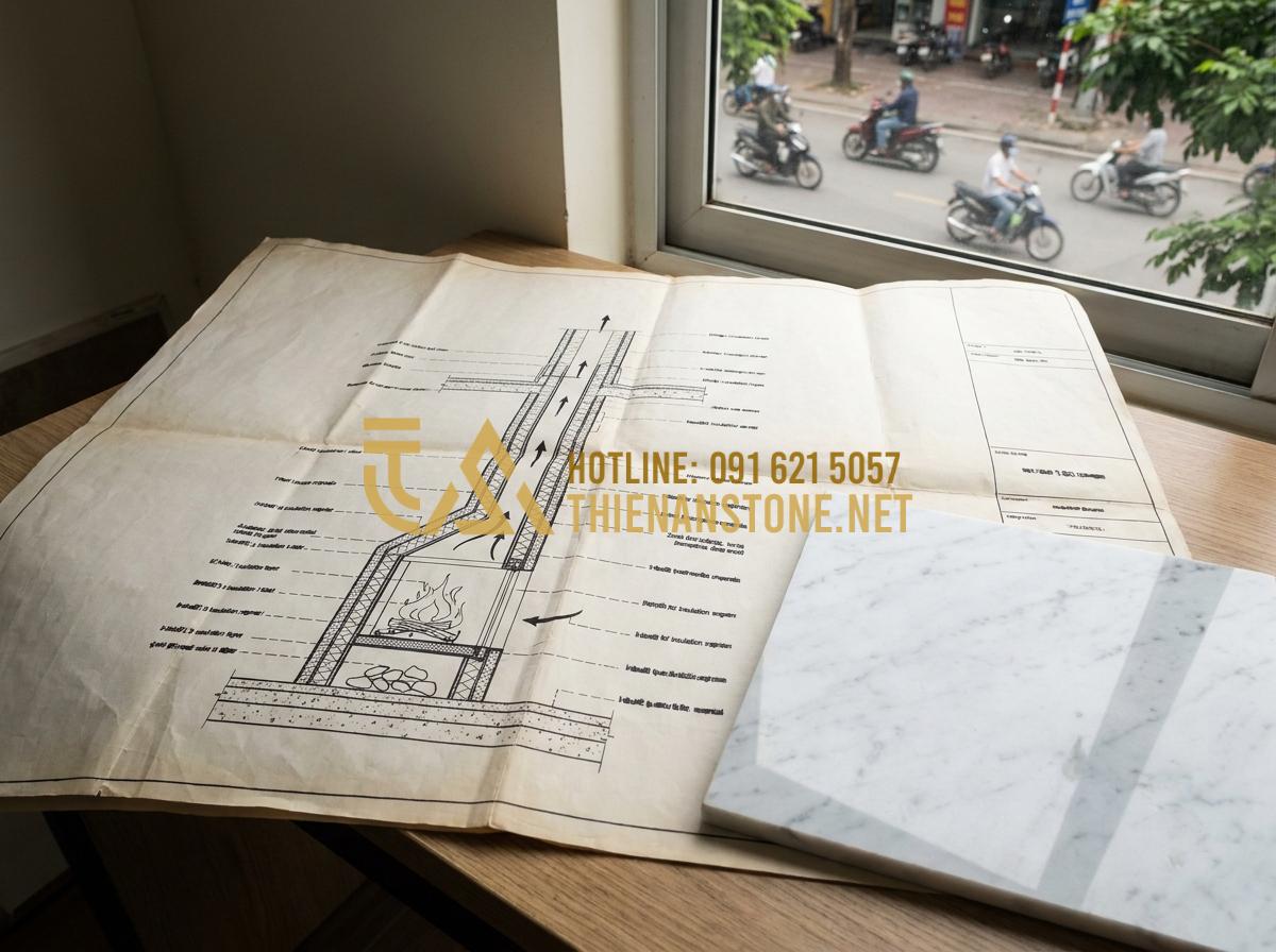 Lò Sưởi Củi Trong Nhà: Giải Pháp Sưởi Ấm Nghệ Thuật & Đẳng Cấp - Hình 4 Lò Sưởi Củi Trong Nhà: Giải Pháp Sưởi Ấm Nghệ Thuật & Đẳng Cấp - Tạo ảnh tiếng Anh: Technical blueprint of a modern indoor wood fireplace showing