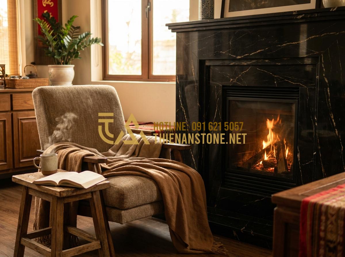 Lò Sưởi Củi Trong Nhà: Giải Pháp Sưởi Ấm Nghệ Thuật & Đẳng Cấp - Hình 6 Lò Sưởi Củi Trong Nhà: Giải Pháp Sưởi Ấm Nghệ Thuật & Đẳng Cấp - Tạo ảnh tiếng Anh: A person sitting in a comfortable armchair by a stone wood fi