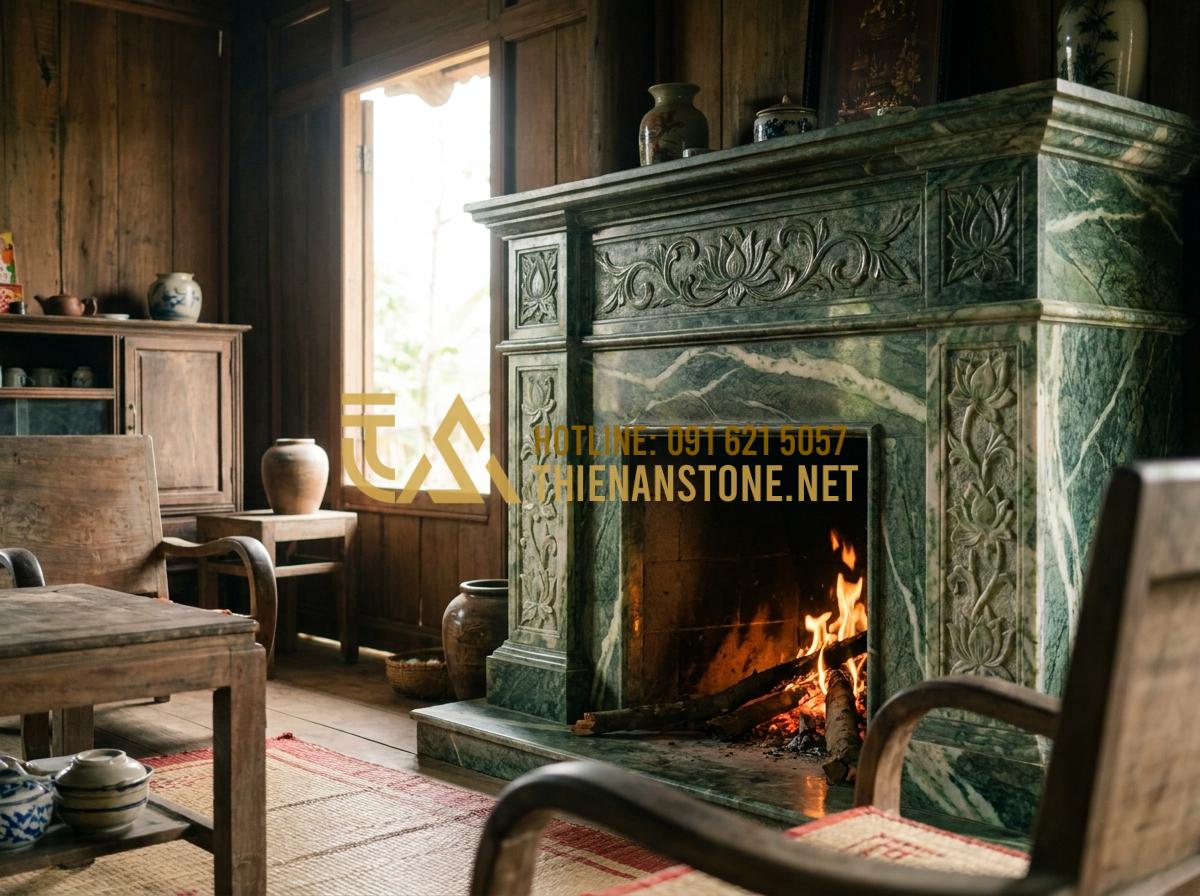 Lò Sưởi Củi Trong Nhà: Giải Pháp Sưởi Ấm Nghệ Thuật & Đẳng Cấp - Hình 8 Lò Sưởi Củi Trong Nhà: Giải Pháp Sưởi Ấm Nghệ Thuật & Đẳng Cấp - Tạo ảnh tiếng Anh: A rustic fireplace design featuring Vietnamese traditional lo