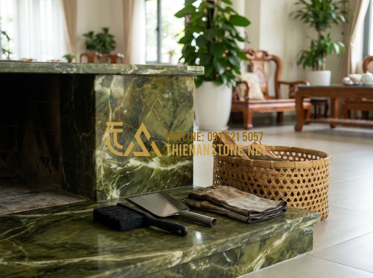 Lò Sưởi Củi Trong Nhà: Giải Pháp Sưởi Ấm Nghệ Thuật & Đẳng Cấp - Hình 9 Lò Sưởi Củi Trong Nhà: Giải Pháp Sưởi Ấm Nghệ Thuật & Đẳng Cấp - Tạo ảnh tiếng Anh: A homeowner using a small specialized brush and shovel to cle