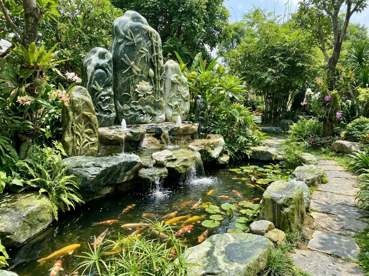 Lợi Ích Tuyệt Vời Khi Sử Dụng Đài Phun Nước Bằng Đá Trong Thiết Kế Tiểu Cảnh & Hồ Cá Koi - Elegant natural stone water fountain integrated into a lush Vietnamese garden la