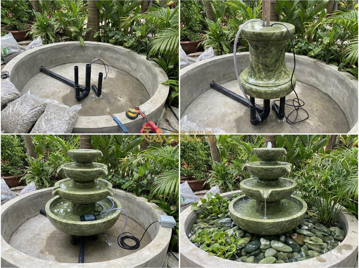 Lợi Ích Tuyệt Vời Khi Sử Dụng Đài Phun Nước Bằng Đá Trong Thiết Kế Tiểu Cảnh & Hồ Cá Koi - Step-by-step installation process of a stone water fountain in a prepared koi po