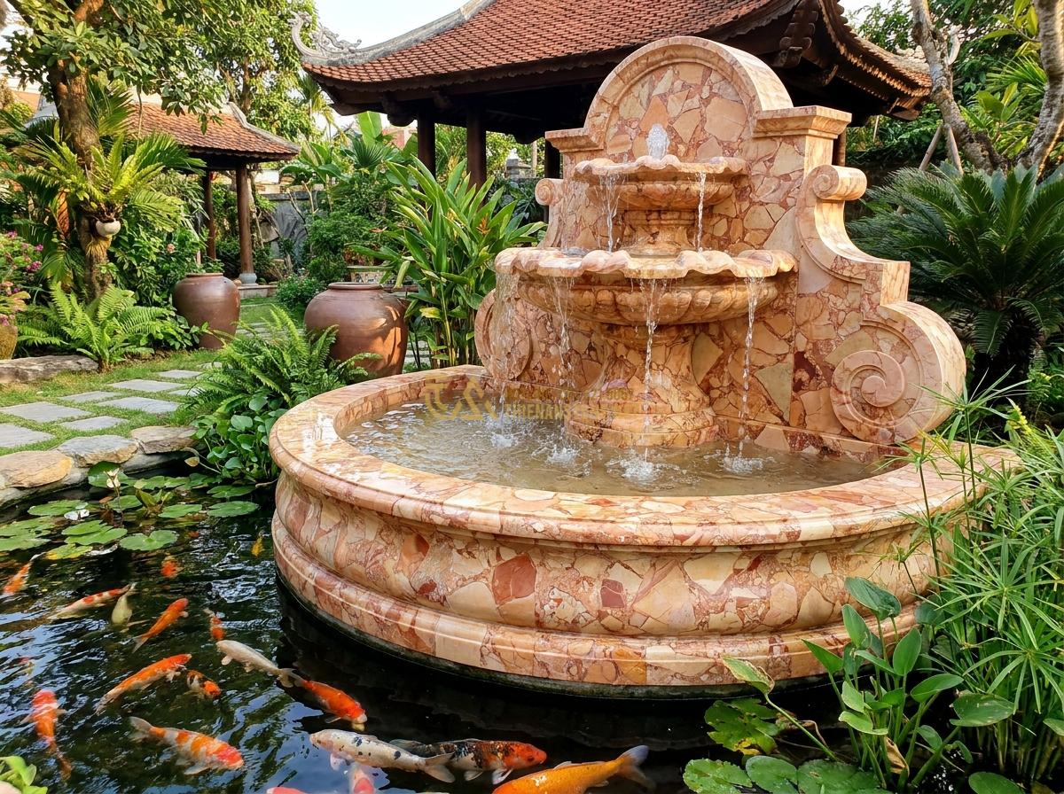 Lợi Ích Tuyệt Vời Khi Sử Dụng Đài Phun Nước Bằng Đá Trong Thiết Kế Tiểu Cảnh & Hồ Cá Koi - Completed custom stone fountain installation in a private villa garden, showing