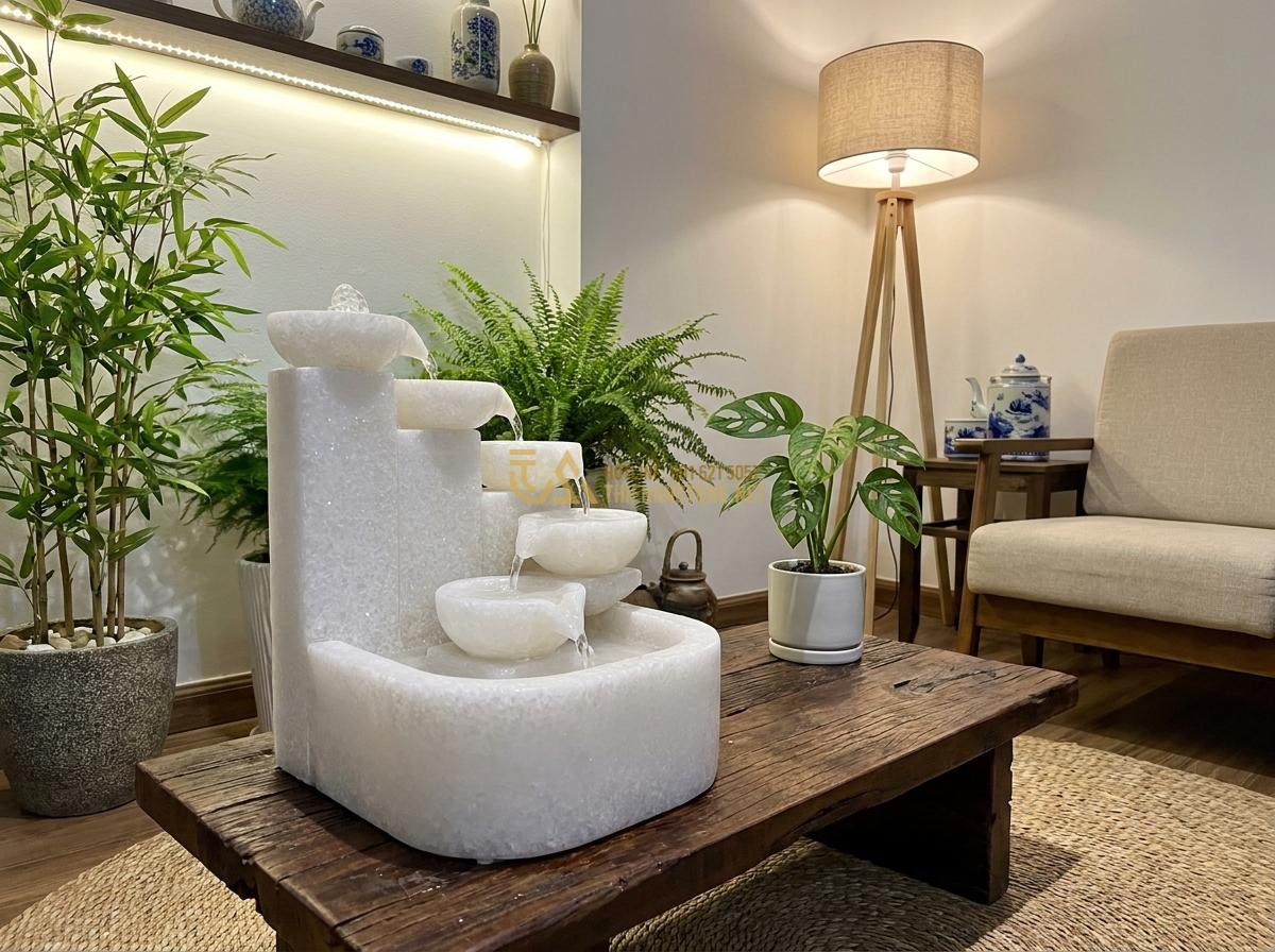 Lợi Ích Tuyệt Vời Khi Sử Dụng Đài Phun Nước Bằng Đá Trong Thiết Kế Tiểu Cảnh & Hồ Cá Koi - Compact indoor stone mini fountain on a wooden table with gentle water flow, pla