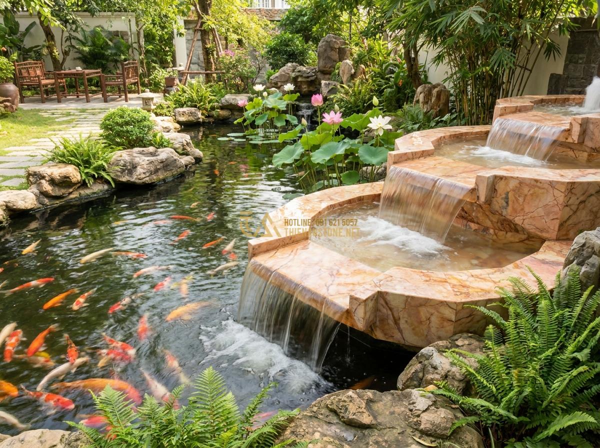 Lợi Ích Tuyệt Vời Khi Sử Dụng Đài Phun Nước Bằng Đá Trong Thiết Kế Tiểu Cảnh & Hồ Cá Koi - Wide angle view of a modern stone fountain in an outdoor koi pond setting, showi
