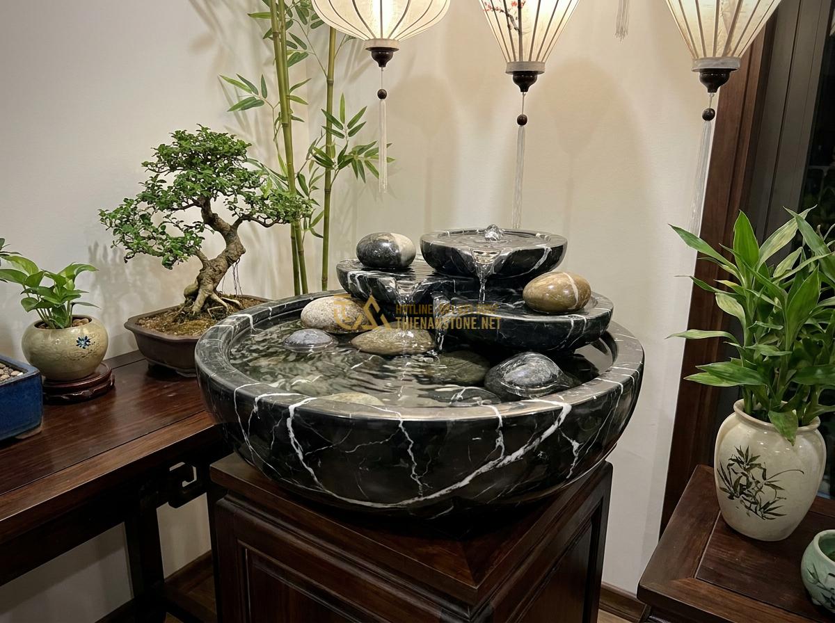 Lợi Ích Tuyệt Vời Khi Sử Dụng Đài Phun Nước Bằng Đá Trong Thiết Kế Tiểu Cảnh & Hồ Cá Koi - Creative small stone fountain design for indoor use featuring subtle water trick