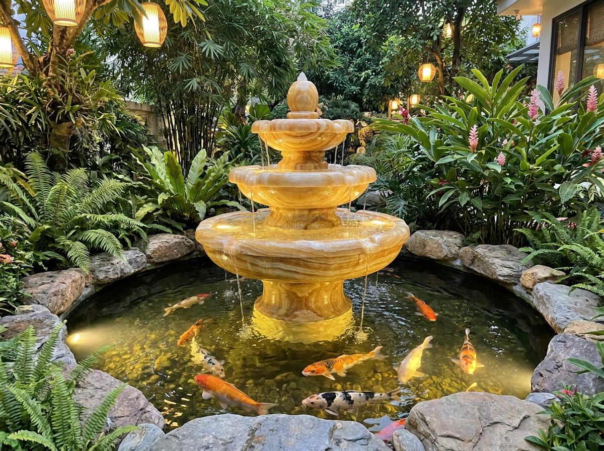 Lợi Ích Tuyệt Vời Khi Sử Dụng Đài Phun Nước Bằng Đá Trong Thiết Kế Tiểu Cảnh & Hồ Cá Koi - Artistic stone fountain with tiered levels and gentle waterfall effect in a beau