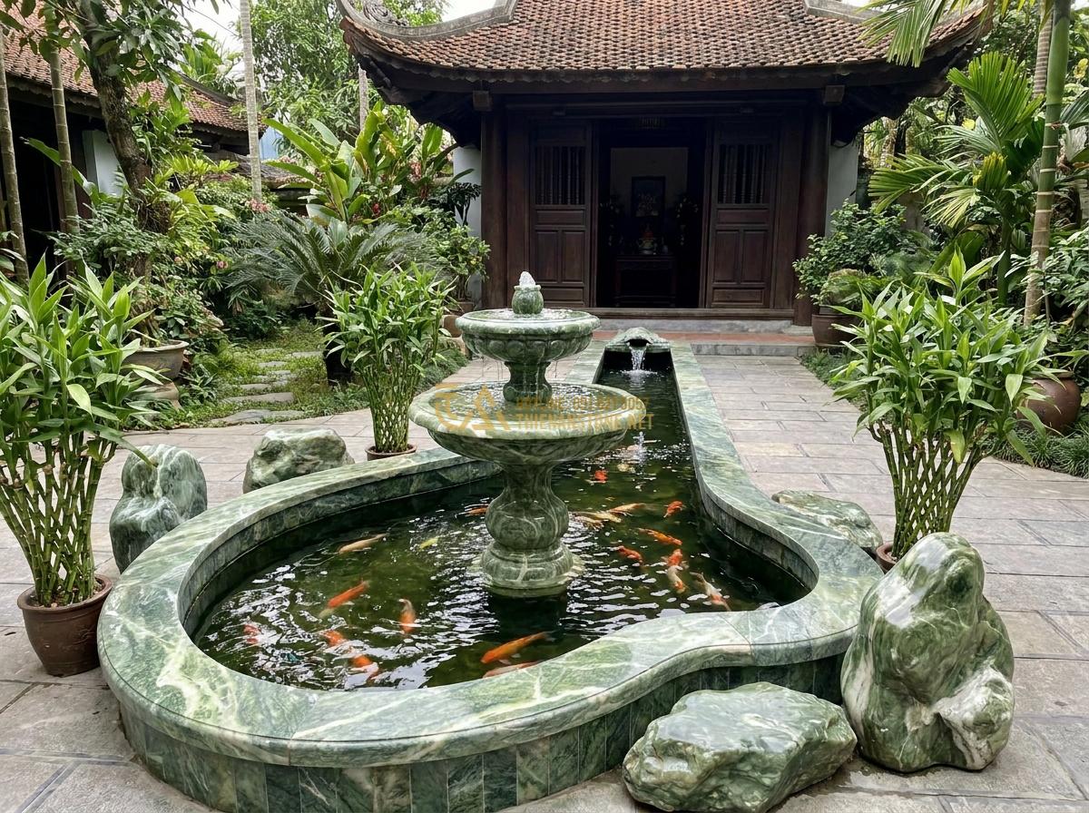 Lợi Ích Tuyệt Vời Khi Sử Dụng Đài Phun Nước Bằng Đá Trong Thiết Kế Tiểu Cảnh & Hồ Cá Koi - Traditional Asian-inspired stone fountain with koi pond arranged according to fe