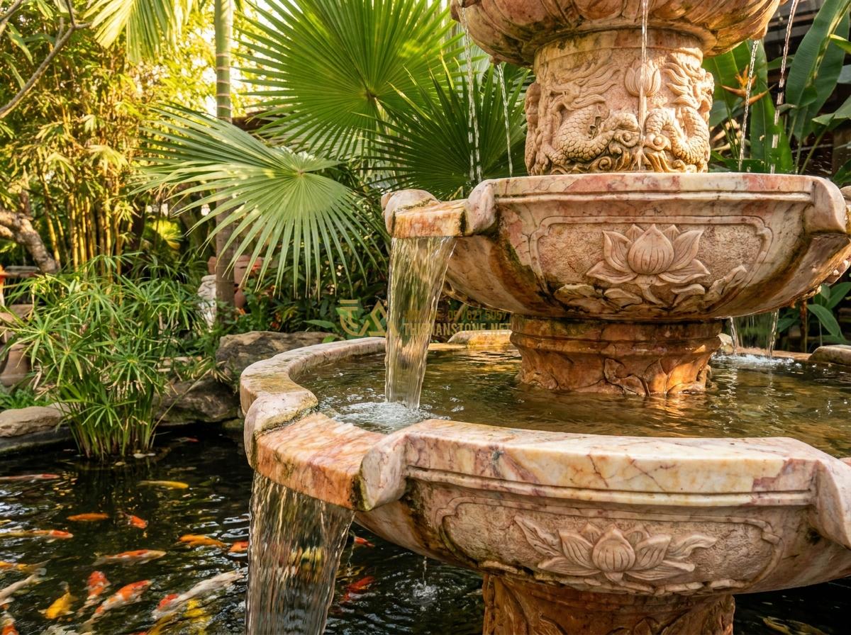 Lợi Ích Tuyệt Vời Khi Sử Dụng Đài Phun Nước Bằng Đá Trong Thiết Kế Tiểu Cảnh & Hồ Cá Koi - Aged but pristine natural stone fountain after years of outdoor exposure, showin