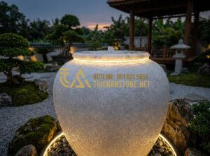 Lu đá tiểu cảnh: Tại sao vại đựng nước bằng đá tự nhiên lại được đại gia săn đón? - Tạo ảnh tiếng Anh: A majestic natural stone water jar placed in a luxury Zen gar