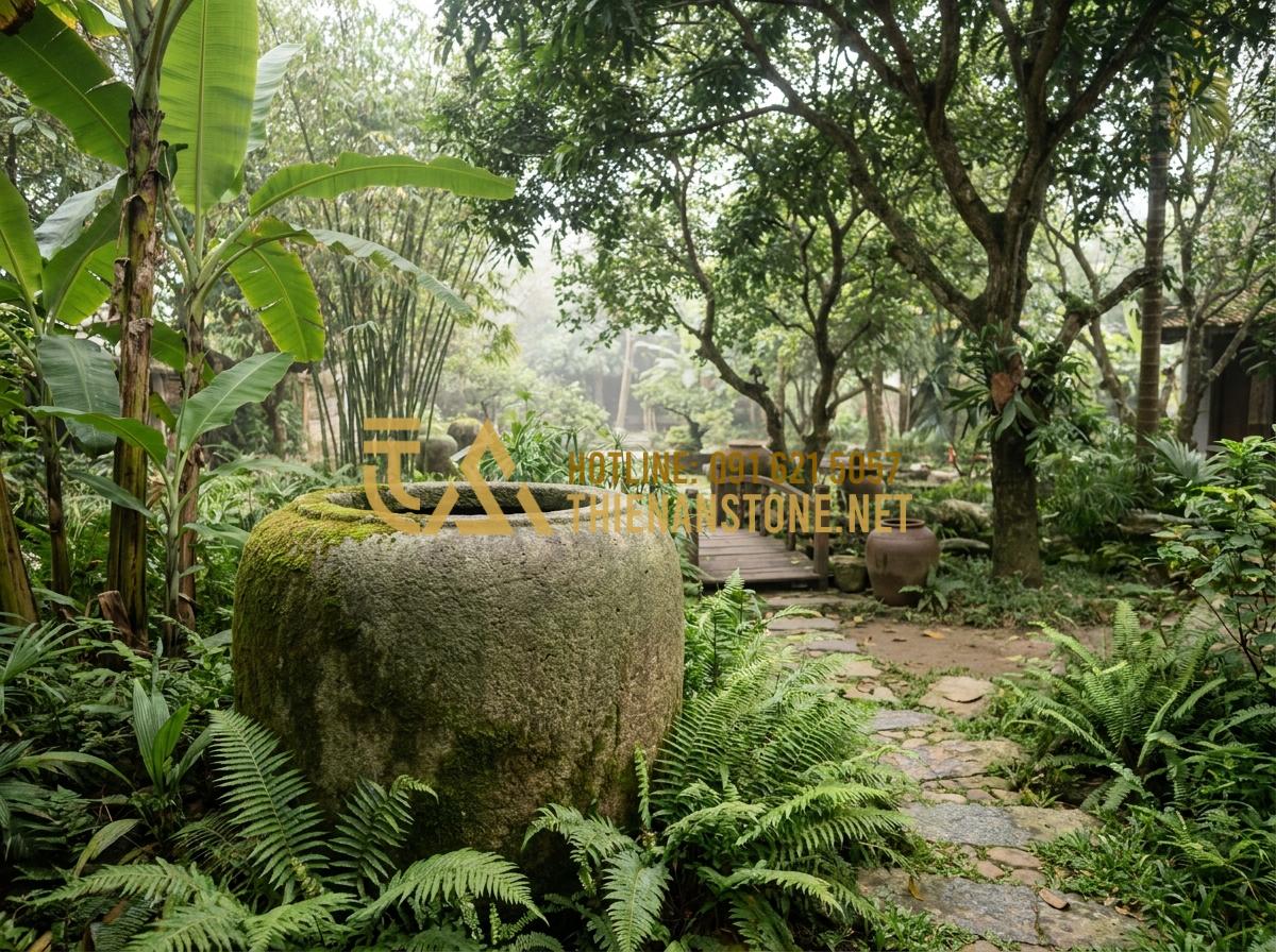 Lu đá trồng sen và nuôi cá: Tạo hệ sinh thái mini tuyệt đẹp trong lòng đá - Tạo ảnh tiếng Anh: A wide shot of a traditional Vietnamese garden with a large n