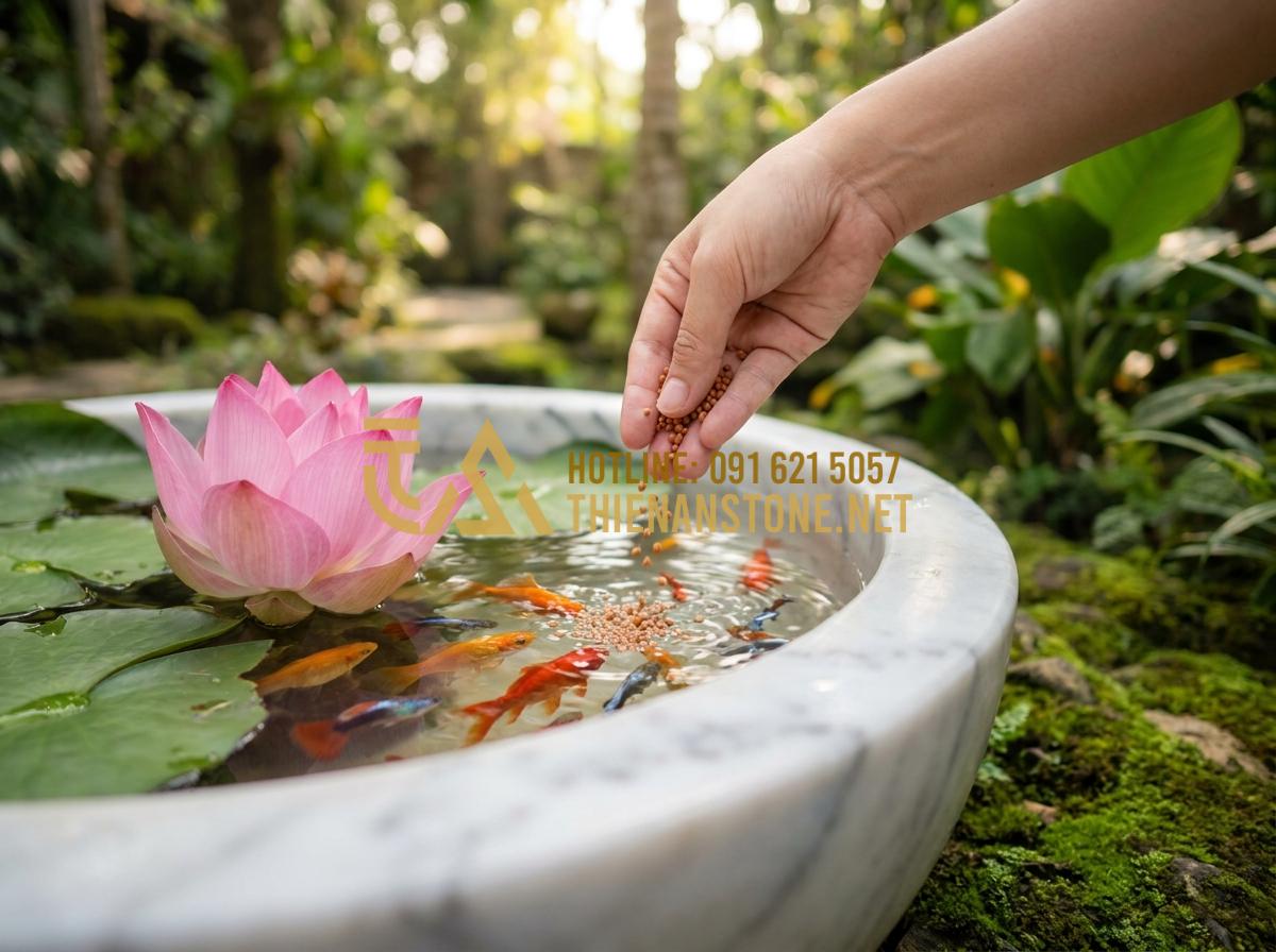 Lu đá trồng sen và nuôi cá: Tạo hệ sinh thái mini tuyệt đẹp trong lòng đá - Tạo ảnh tiếng Anh: A peaceful scene of a person's hand gently dropping a few gra