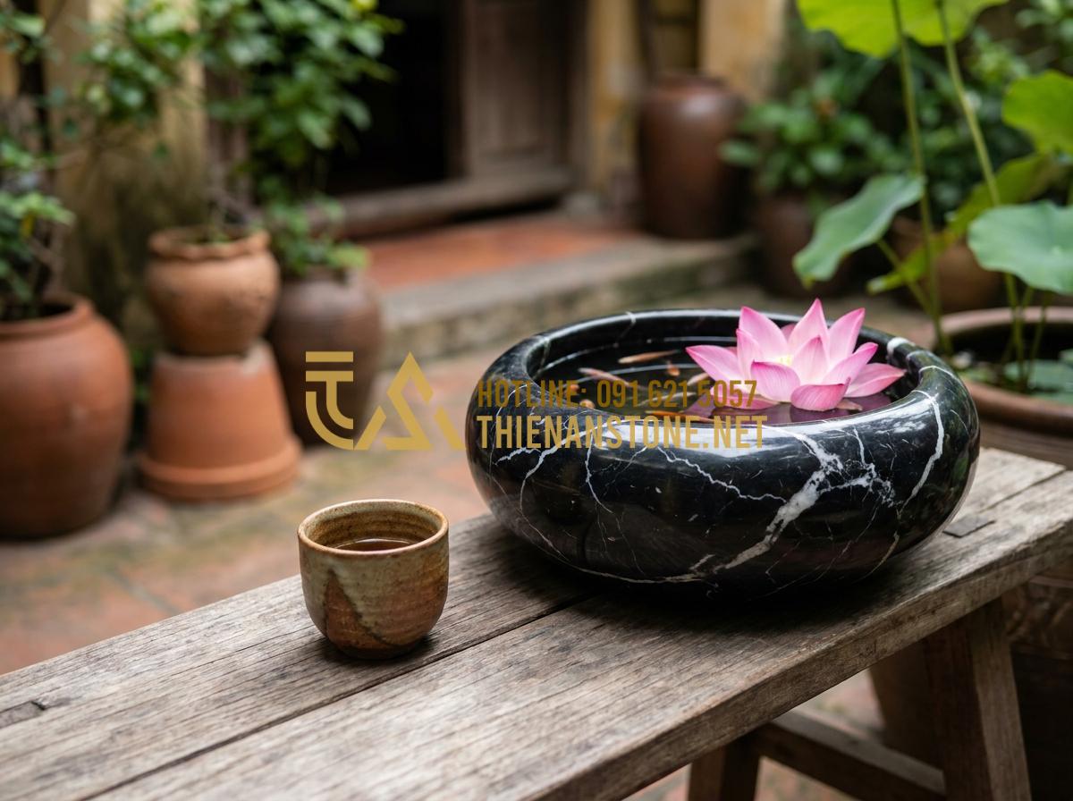 Lu đá trồng sen và nuôi cá: Tạo hệ sinh thái mini tuyệt đẹp trong lòng đá - Tạo ảnh tiếng Anh: An elderly Vietnamese man with a gentle smile, sitting on a w