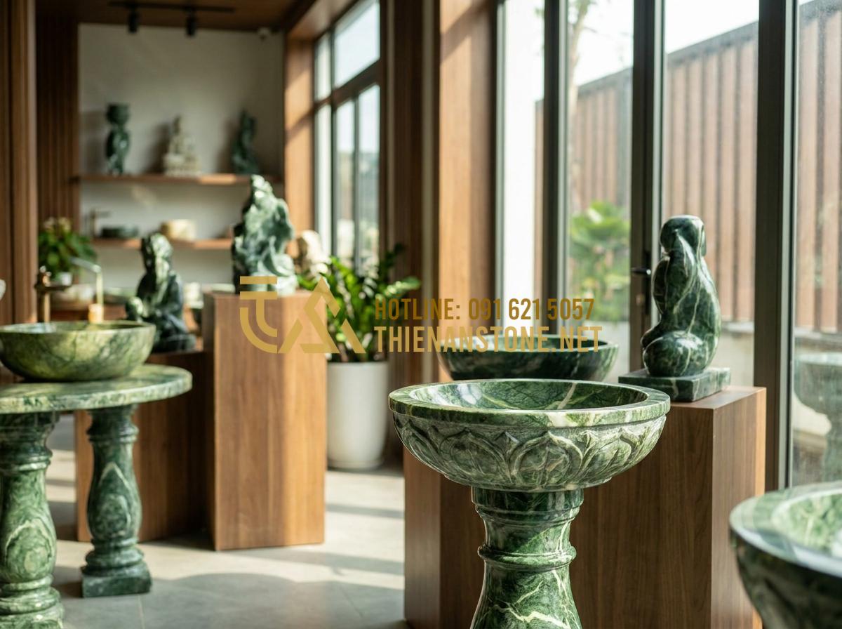 Lu đá trồng sen và nuôi cá: Tạo hệ sinh thái mini tuyệt đẹp trong lòng đá - Tạo ảnh tiếng Anh: A professional showroom of Thien An Stone with various handcr