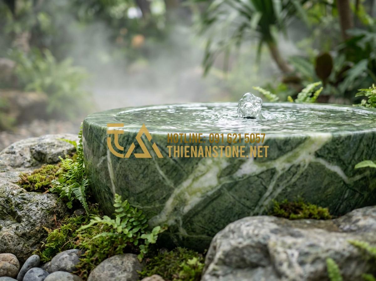 Lu nước phong thủy: Bí quyết đặt lu nước trước nhà để rước tài lộc, vượng khí - Hình 2 Lu nước phong thủy: Bí quyết đặt lu nước trước nhà để rước tài lộc, vượng khí - Tạo ảnh tiếng Anh: Close-up of a hand-carved stone water feature with crystal cl