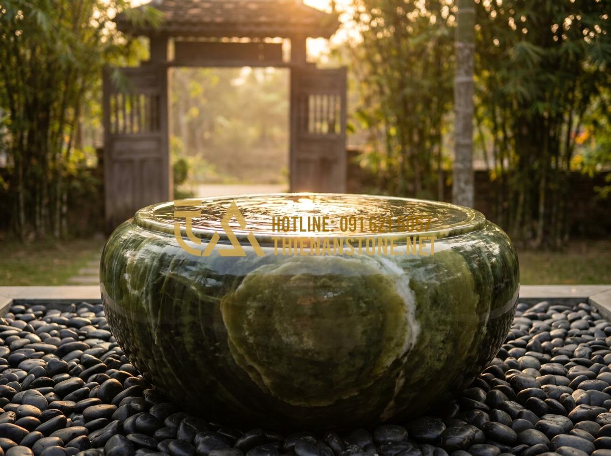 Lu nước phong thủy: Bí quyết đặt lu nước trước nhà để rước tài lộc, vượng khí - Hình 3 Lu nước phong thủy: Bí quyết đặt lu nước trước nhà để rước tài lộc, vượng khí - Tạo ảnh tiếng Anh: An artistic shot of a stone water jar during sunset. The gold