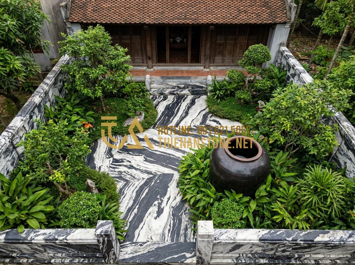 Lu nước phong thủy: Bí quyết đặt lu nước trước nhà để rước tài lộc, vượng khí - Hình 5 Lu nước phong thủy: Bí quyết đặt lu nước trước nhà để rước tài lộc, vượng khí - Tạo ảnh tiếng Anh: A top-down view of a feng shui garden layout showing the corr
