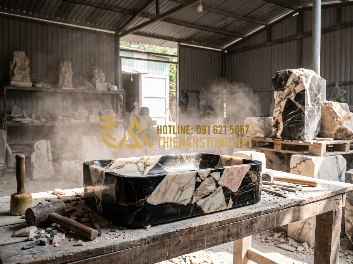 Lu nước phong thủy: Bí quyết đặt lu nước trước nhà để rước tài lộc, vượng khí - Hình 8 Lu nước phong thủy: Bí quyết đặt lu nước trước nhà để rước tài lộc, vượng khí - Tạo ảnh tiếng Anh: A skilled artisan in a workshop carving a large stone water j