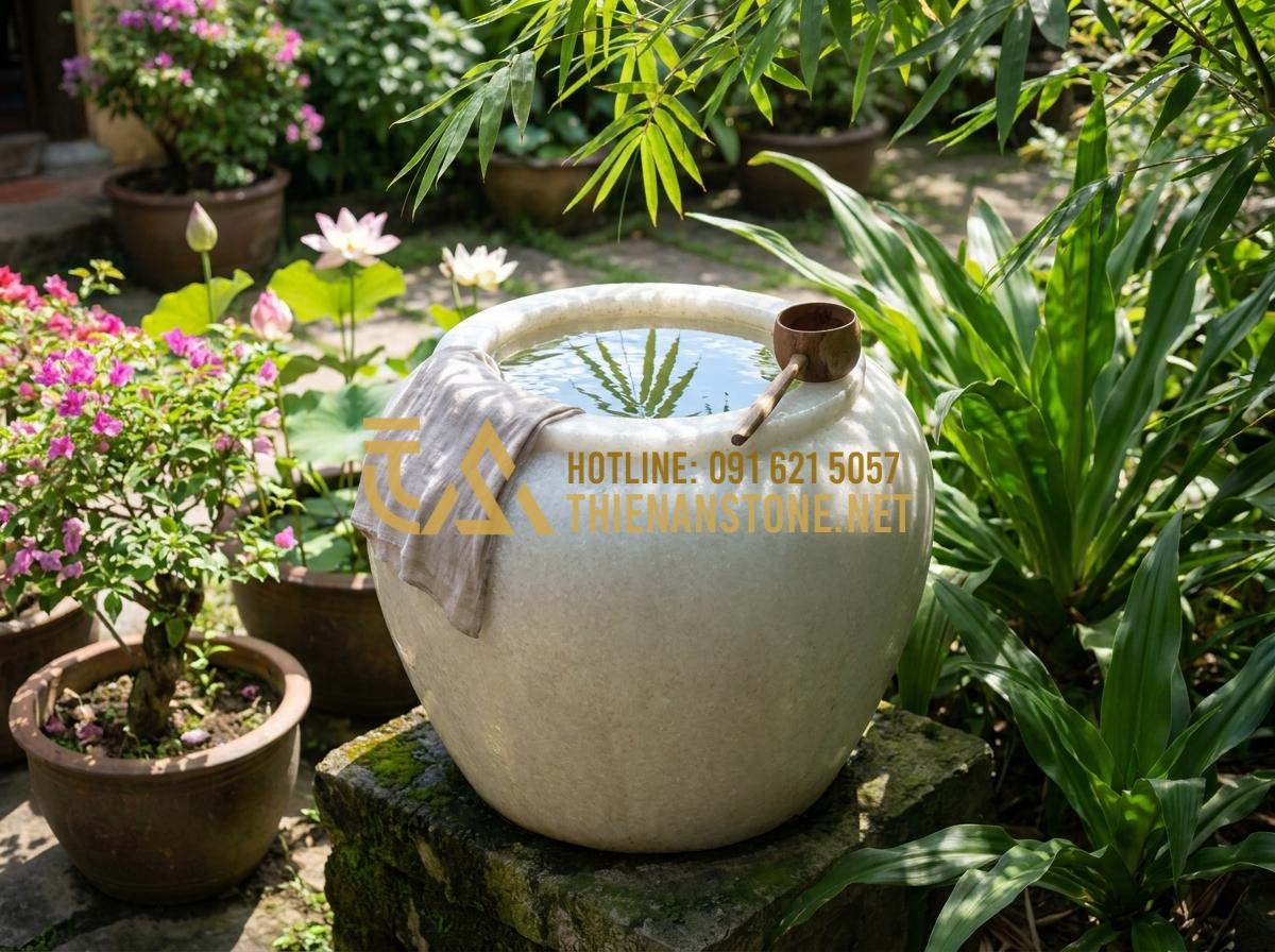 Lu nước phong thủy: Bí quyết đặt lu nước trước nhà để rước tài lộc, vượng khí - Hình 9 Lu nước phong thủy: Bí quyết đặt lu nước trước nhà để rước tài lộc, vượng khí - Tạo ảnh tiếng Anh: A serene scene of a person cleaning a stone water jar with a