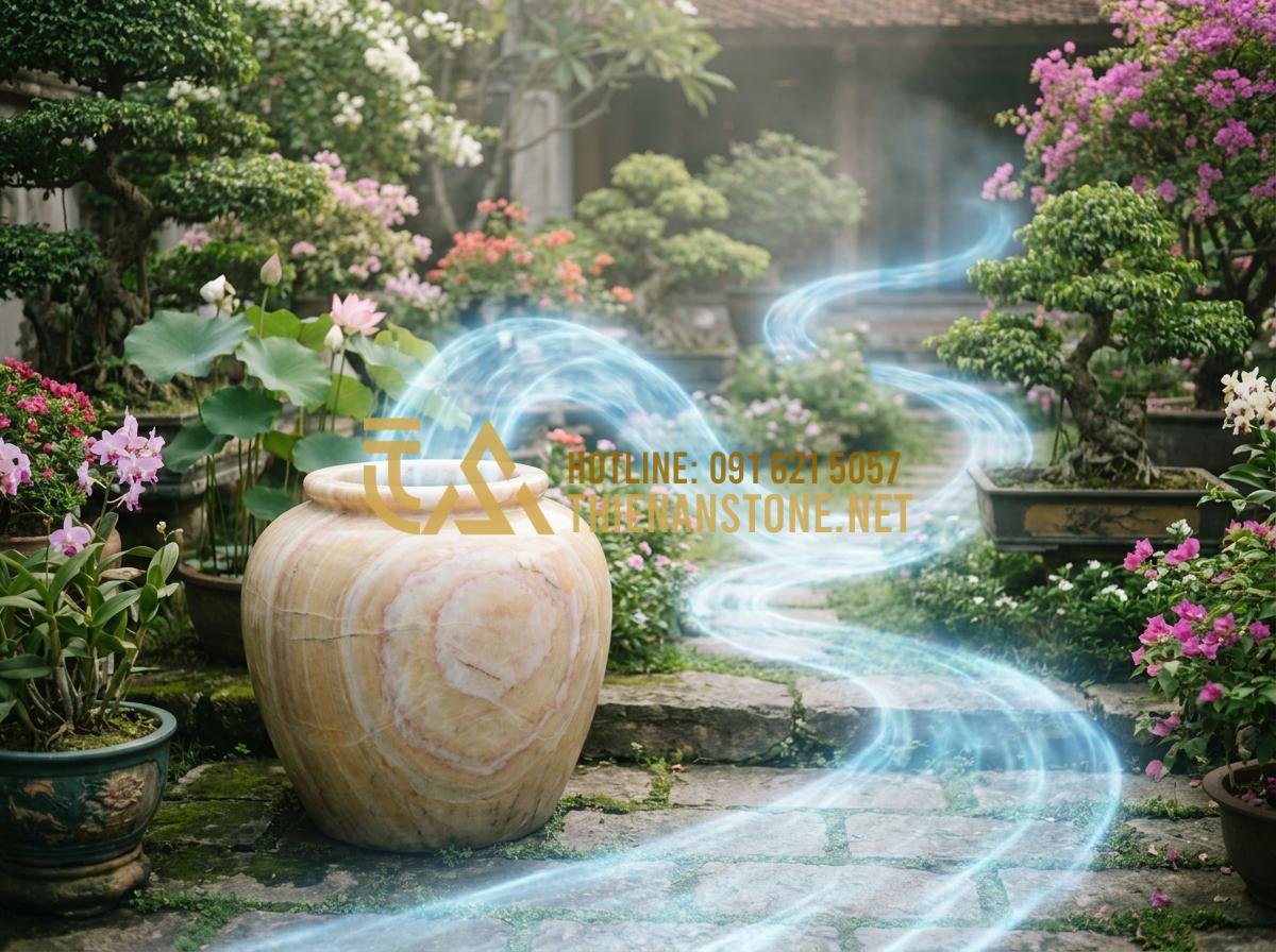 Lu nước tiểu cảnh sân vườn: 99+ Mẫu trang trí đẳng cấp và xu hướng 2026 - Hình 4 Lu nước tiểu cảnh sân vườn: 99+ Mẫu trang trí đẳng cấp và xu hướng 2026 - Tạo ảnh tiếng Anh: A conceptual illustration of feng shui energy in a garden. A