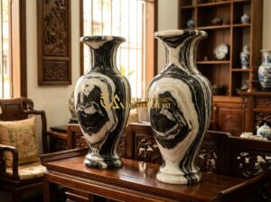 Lục Bình Đá Cẩm Thạch & Thạch Anh Đẹp: Mẫu Lục Bình Đá Trắng, Ngọc Xanh & Da Báo Sang Trọng - Tạo ảnh tiếng Anh: A pair of high-quality large marble vases (lục bình đá cẩm th