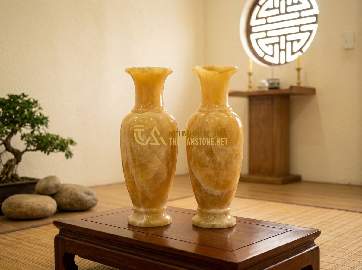 Lục Bình Đá Cẩm Thạch & Thạch Anh Đẹp: Mẫu Lục Bình Đá Trắng, Ngọc Xanh & Da Báo Sang Trọng - Tạo ảnh tiếng Anh: Two exquisite rose quartz or clear quartz tall vases (lục bìn