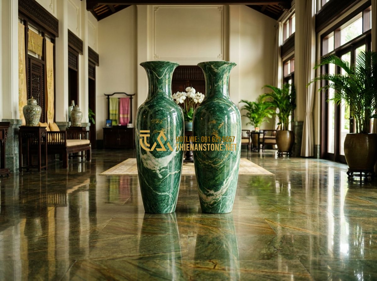 Lục Bình Đá Cẩm Thạch & Thạch Anh Đẹp: Mẫu Lục Bình Đá Trắng, Ngọc Xanh & Da Báo Sang Trọng - Tạo ảnh tiếng Anh: Luxury green jade marble vases (lục bình đá ngọc xanh), emera